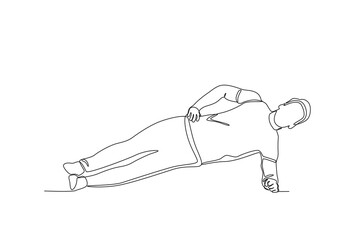 Single continuous line drawing of A man in fitness doing a side plank. Fitness stretching concept. Trendy one line draw design vector illustration