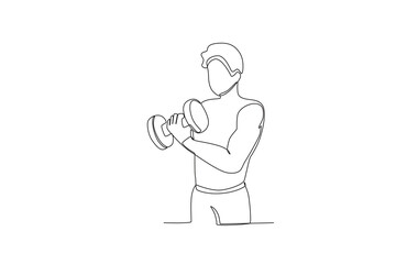 Single continuous line drawing of A man doing fitness using dumbbells. Fitness stretching concept. Trendy one line draw design vector illustration
