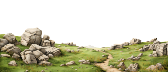 grass fields isolated on transparent. meadow with rocks. meadow with huge stones among the grass.