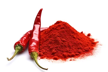 Fotobehang Hete pepers Red hot chili peppers and powder isolated on white background with clipping path