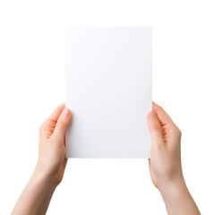 Hands holding blank paper sheet A5 size. letter paper isolated on transparent - obrazy, fototapety, plakaty