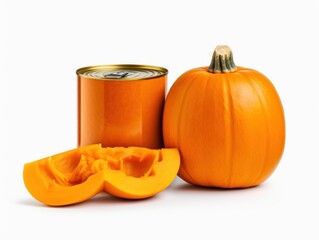 Canned pumpkin puree isolated on white background