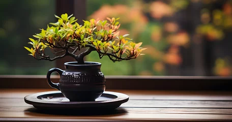  a small bonsai of old tree in a black mug on a wooden table in front of a blurry background of a blurry image of a wall and a window © Lucky Vision