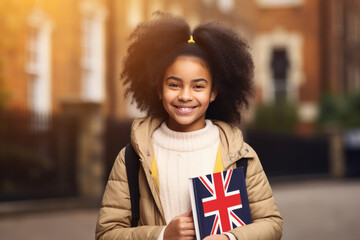 education, travel and people concept - smiling african american girl with british flag in city - obrazy, fototapety, plakaty
