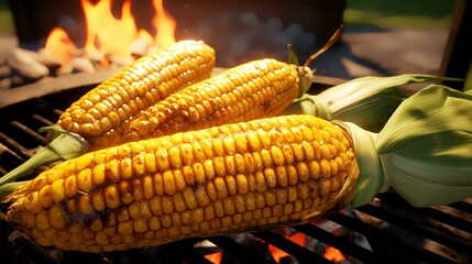 Grilling corn on cobs on the grill in the garden.