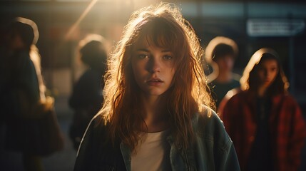 A melancholic beautiful young girl on the street among a defocused group of teenagers, cinematic light. Generation Z.