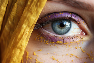 Exquisite close-up of a woman with purple eye makeup with yellow accents. 