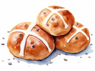 Easter Hot Bross Bun. Hand-drawn Watercolor Illustration Isolated on the White Background. Easter holiday dish.