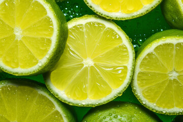 Lime slices with water drops on green background. Close-up.