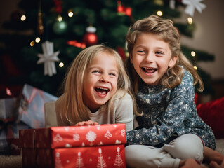 Fototapeta na wymiar A group of children happily unwrapping presents, filled with excitement and joy on Christmas morning.