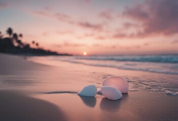 Amazing View White Seashells on the Beach at Sunset 