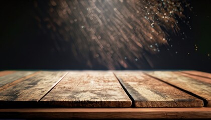 Old wood table with abstract particle effect on dark background