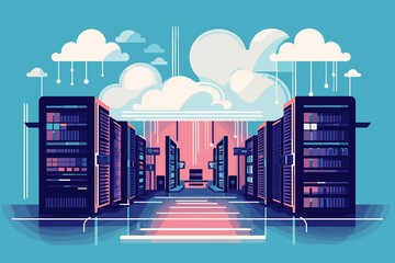 Cloud computing. A digital service or application with data transmission. Network computing technologies. Futuristic Server. Digital space. Data storage. Vector illustration