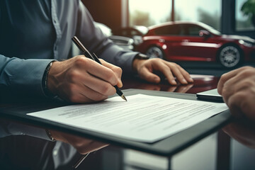 Car dealer signs a contract for a new car at a car showroom. The motive for purchasing a new car at an authorized showroom
