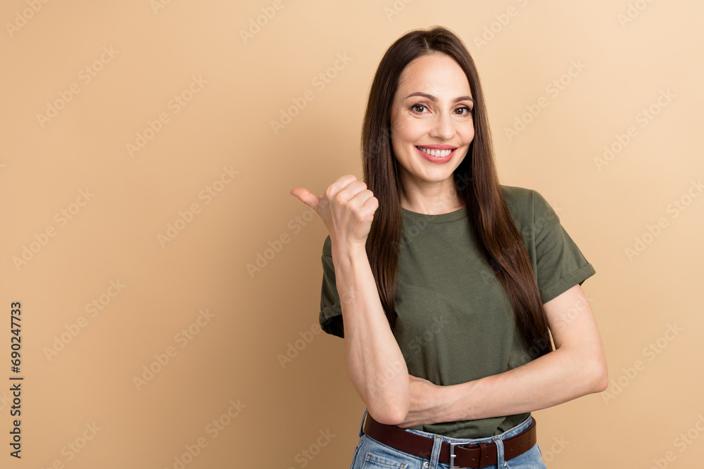 Sticker portrait of lady wear khaki t shirt direct thumb empty space presentation for girls makeup products 