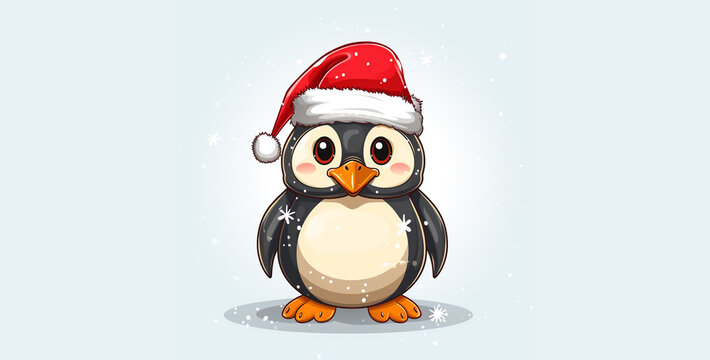 Christmas Penguin Vector Illustration White Background, penguin with santa hat