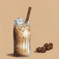 illustration of iced coffee with coffee beans on a brown background