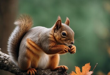 A squirrel eating nuts in the autumn
