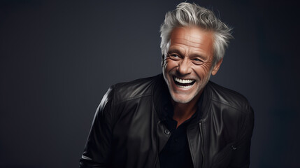 Fototapeta premium Elderly fashion model with grey full hair, mature and happy smiling man in dark close-up portrait | Generative AI
