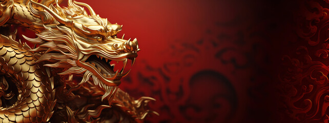 Chinese gold dragon on red background with copy space. Happy New Year of the Dragon 2024 