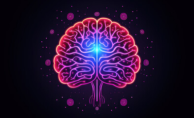 Brain sign in purple color. Neon line styled brain icon, symbol of science and intelligence - obrazy, fototapety, plakaty