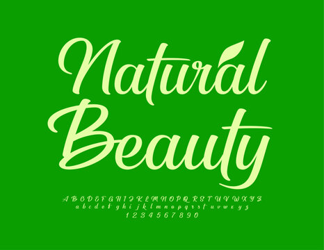 Vector eco logo Natural Beauty with decorative Leaf. Elegant green Font. Set of cursive Alphabet Letters and Numbers