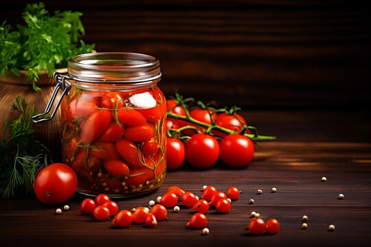 Pickled tomatoes in a glass jar on a dark wooden background with space for text or inscriptions. Canning vegetables for the winter. Copy space
