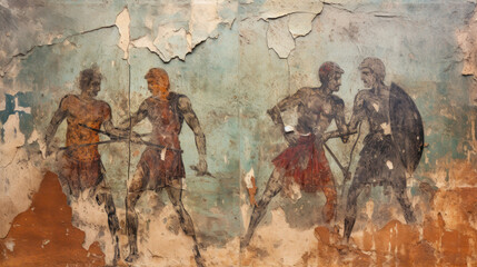 Ancient Greek or Roman warriors, fighting gladiators in old cracked wall fresco. Vintage painting with fighters. Theme of art, Greece, Rome, Sparta, history, war - obrazy, fototapety, plakaty