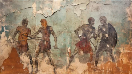  Ancient Greek or Roman warriors, fighting gladiators in old cracked wall fresco. Vintage painting with fighters. Theme of art, Greece, Rome, Sparta, history, war © Natalya