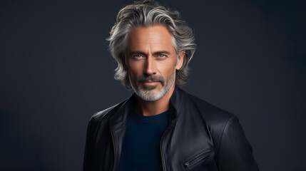 Obraz premium Elderly fashion model with grey full hair, mature and happy smiling man in dark close-up portrait | Generative AI