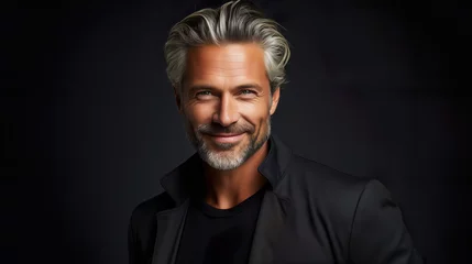 Foto auf Acrylglas Antireflex Elderly fashion model with grey full hair, mature and happy smiling man in dark close-up portrait © DigitalDreamscape