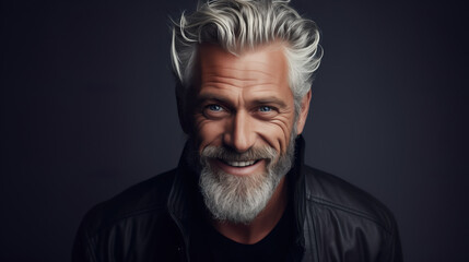 Elderly fashion model with grey full hair, mature and happy smiling man in dark close-up portrait - obrazy, fototapety, plakaty