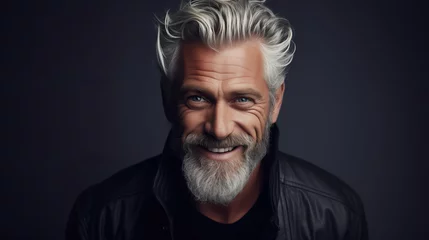 Fotobehang Elderly fashion model with grey full hair, mature and happy smiling man in dark close-up portrait © DigitalDreamscape