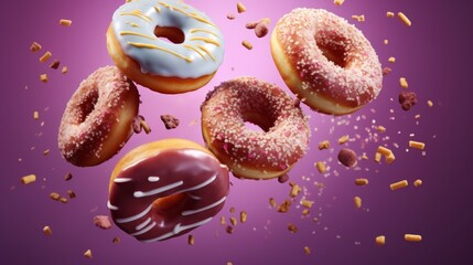 Various donuts flying in the air. Dessert donuts with glaze on purple background