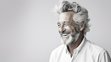 Elderly fashion model with grey full hair, mature and happy smiling man in dark close-up portrait | Generative AI