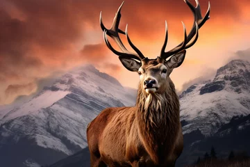 Foto op Canvas Red deer stag in Beautiful Alpen Glow hitting mountain peaks Highlands during stunning Winter landscape sunrise © Ahmed