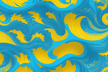 Fototapeta na wymiar Blue and Yellow Wave Symphony: Seamless Authentic Elegance