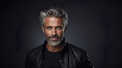 Obraz premium Elderly fashion model with grey full hair, mature and happy smiling man in dark close-up portrait | Generative AI