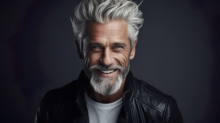 Obraz premium Elderly fashion model with grey full hair, mature and happy smiling man in dark close-up portrait | Generative AI