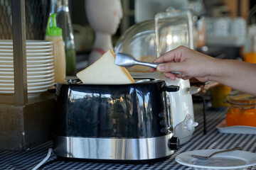 Toast is a popular breakfast menu that hotels serve in the dining room for guests to choose from. Soft and selective focus.