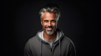Obraz premium Elderly fashion model with grey full hair, mature and happy smiling man in dark close-up portrait | Generative AI
