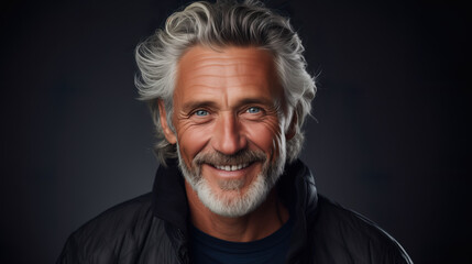 Fototapeta premium Elderly fashion model with grey full hair, mature and happy smiling man in dark close-up portrait | Generative AI