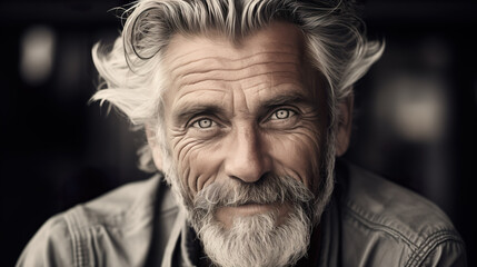 Happy elderly model with grey full hair, mature and happy smiling man in close-up portrait | Generative AI