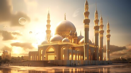 mosque at sunset - obrazy, fototapety, plakaty