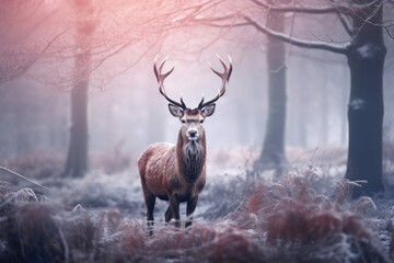 Graceful stag in a frost-covered forest, bathed in soft morning light. Its majestic presence is accentuated by the cold, muted colors and ethereal fog, symbolizing nature's quiet moments.