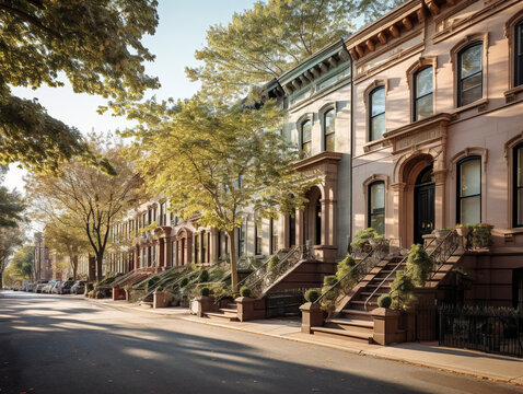 Rows of elegant, traditional brownstone townhouses creating picturesque city streets full of charm.