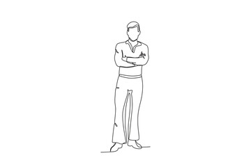 Single continuous line drawing of A man wearing retro clothes from the 70_s. that 70 year style. Minimalism concept one line draw graphic design vector illustration.
