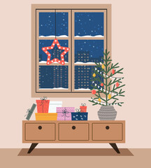 Christmas living room interior. Vector flat  cartoon illustration