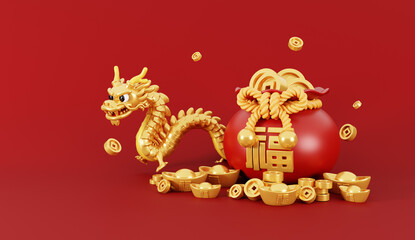 3d render of Chinese dragon with money bag, coins and ingots for Happy Chinese new year 2024 on red background.