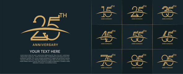 set of anniversary logotype flat gold color with swoosh for special celebration event - obrazy, fototapety, plakaty